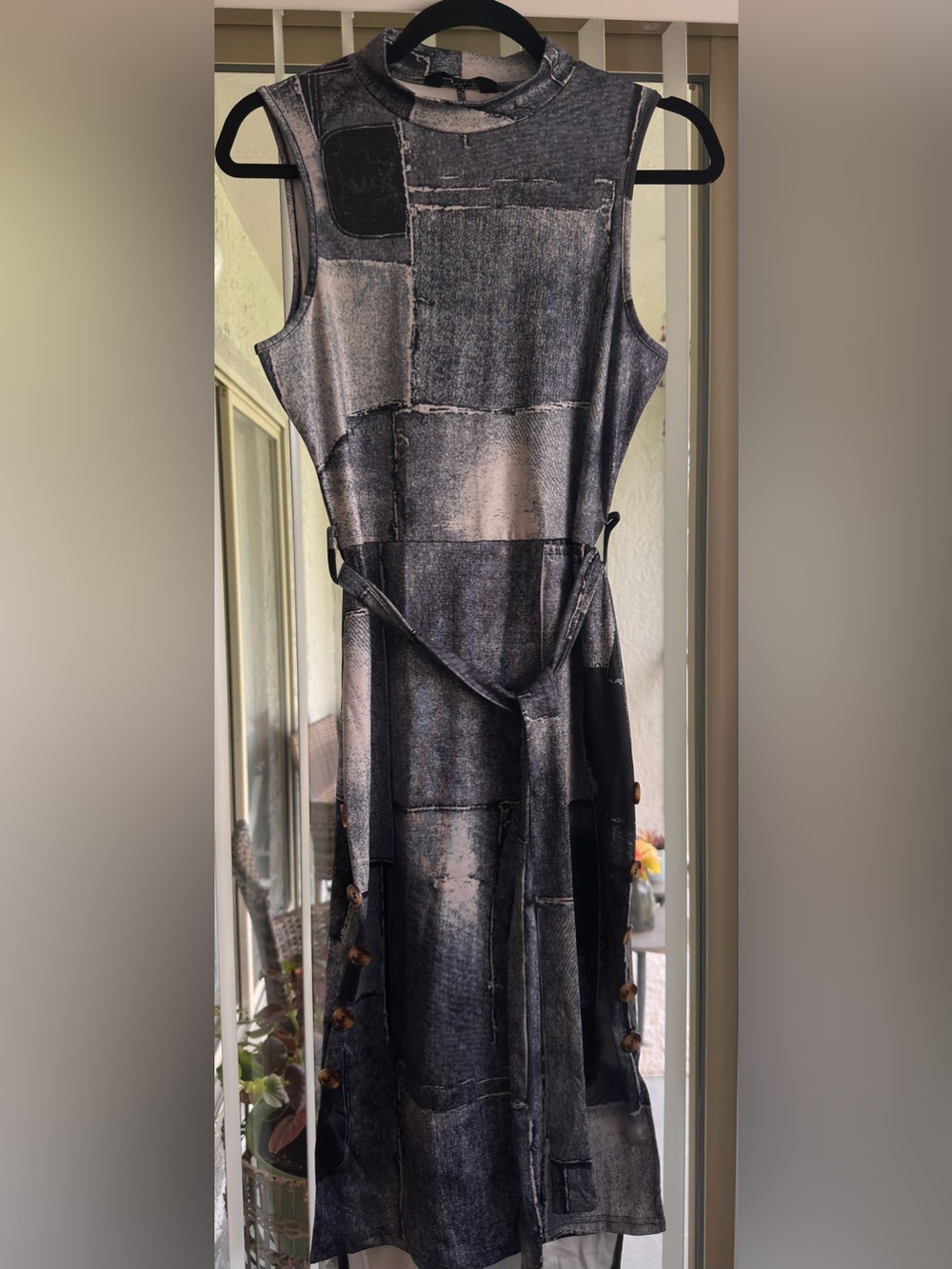 Sleeveless Grey Patchwork Midi Dress with Waist Tie